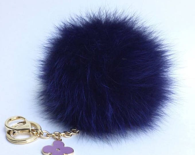 Navy Fur Pompon bag charm pendant Fur Pom Pom keychain with flower charm