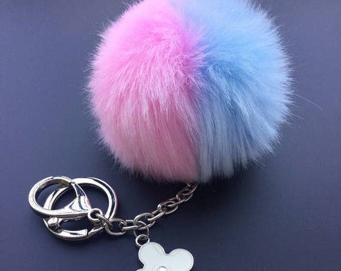 Faux Duo Light Pink Blue Fur Pom Pom bag Keyring keychain pom pom fake fur ball