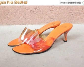 October Sale 1970's Style Orange Leather and Vinyle Mules - 70's Psychedelic Sandals - Size Eu39 / 8.5