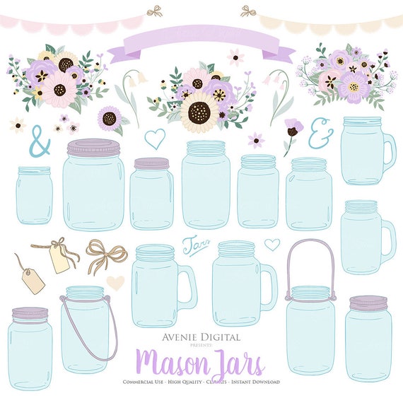 Download Lilac Floral Mason Jar Wedding Clipart. Scrapbook Clip Art