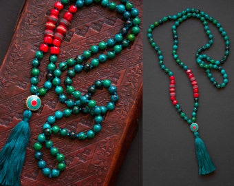 KATHMANDU MALA necklace with silk tassel and NEPALESE beads / Yoga Necklace