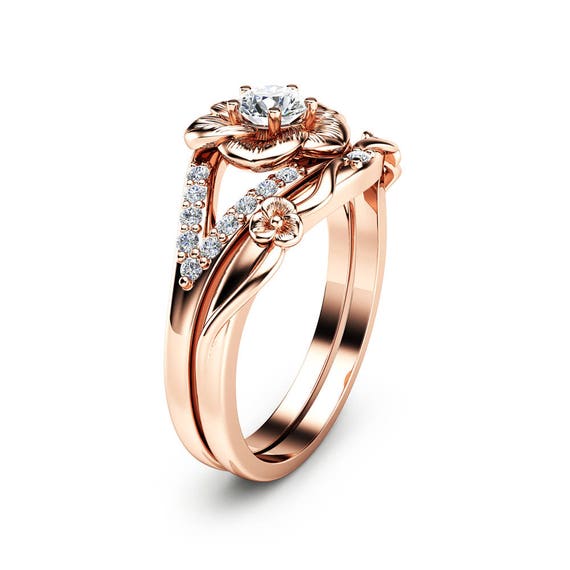 Bague de fiançailles Or Rose 14K sertie de diamant naturel Notre ensemble de bague de fiançailles en diamant naturel