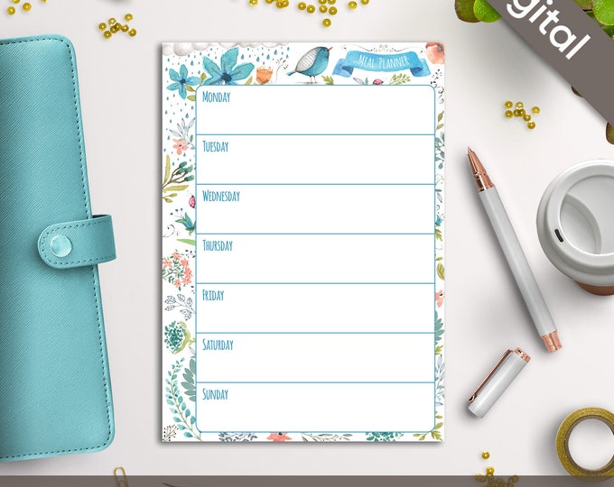 A5 Meal Planner Printable, Filofax A5 printable refills, Meals printable insert, Arinne Blue Bird DIY Planner PDF Instant Download