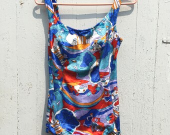 Vintage Peter Max One Piece Velvet Bathing Suit Swim Rainbow psychedelic