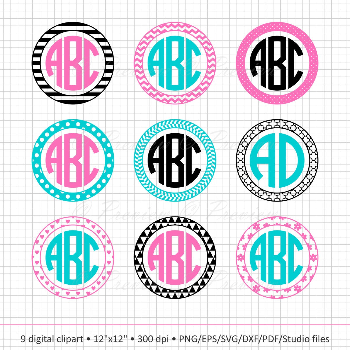 Download Buy 2 Get 1 Free! Digital Clipart Circle Monogram Frames silhouette, lines, flowers, dots ...