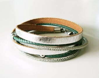 New: leather strap, silver, green, boho, bracelet, Bead Bracelet, genuine leather bracelet, leather wrap bracelet, bracelet double wrapped, stainless steel