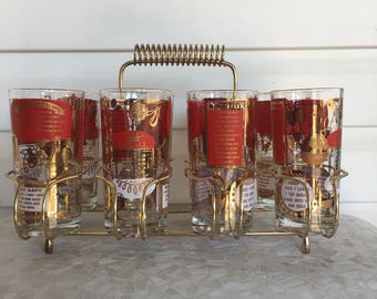 Jeanette Glass Cocktail Glasses , Set of 8 with Brass/Gold Toned Cariier, Red with Gold Details and Recipies, Mid Century Modern
