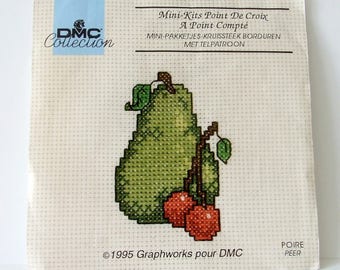 DMC Collection, Mini-Kits Point de Croix, Embroidery Kit, Wall Hanging, Pear Cross Stitch, Greenery, Vintage Fruit Cross Stitch Kits