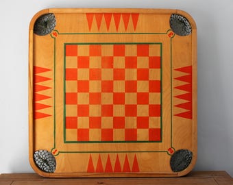 Vintage Wood Checker Board Carrom Game Restaurant Wall Art Decor Folk Two Sided Vintage Wood Checker Board Carrom Game Restaurant Wall Art Decor Folk Two Sided