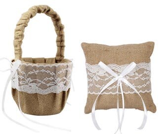 Rustic Flower Girl Basket /Rustic Ring Bearer Pillow / Burlap Flower Basket / Burlap Ring Pillow / Rustic Wedding Basket Pillow Set