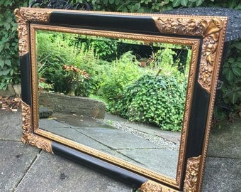 Black and Gold Ornate Mirror - Bevelled Gothic Grand Mirror, Large Vintage Mirror.