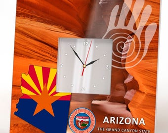 Arizona State Wall Clock Framed Mirror Grand Canyon Home Room Seal Map Flag Art Printed Decor Wooden Design USA Patriotic Homeland Rustic