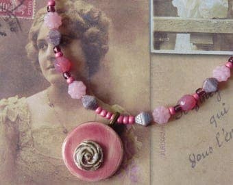 Womens Beaded Necklace Flower Pendant, Vintage Shabby Chic Romantic Pink, Flower Cabochon, Ceramic Pendant, Handmade, Teen Girls Gift