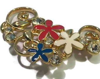 Monet Brooch, Vintage Gold, Enamel Flower Tone Pin, Signed, 1960s-1970s, Floral