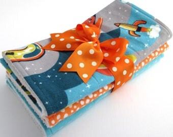 Baby Burp Cloth Set-Set of 3-Retro Space Baby-Orange, Aqua, Gray Retro Space Print, Orange Dot, Aqua Dot - Cotton Flannel - White Terrycloth