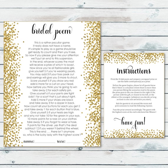 Bridal Poem Game Bridal Shower Points Poem Gold Confetti