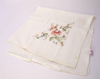 Vintage Ivory Silk Hand Embroidered Scarf