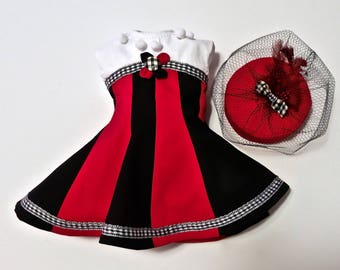 18 inch Doll Clothes. Handmade Girl Doll Clothes. Harley Quinn Costume, Pillbox Hat, 1950s Dress. Fifties Dress. Gored Dress. 1950s Hat