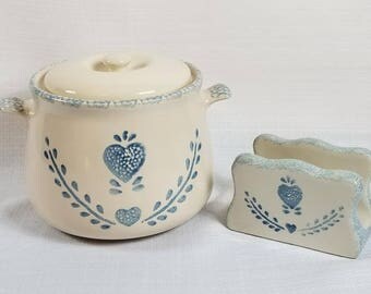 Country Cookie Jar & Napkin Holder, Vintage 80s, Farm Blue and Cream, Compact Kitchen Storage, Apartment Kitchen