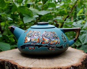 Granny gift Ceramic Teapot Owls Wife gift Gifts for sister Clay teapot Ceramic pottery Green teapot Moms gift Couple Kitchen art