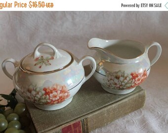 SALE Antique Z,S & Co Bavaria Porcelain Creamer and Sugar Bowl Set - Hand Painted Coral and White Flowers with Lustre Finish