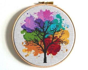 Rainbow Tree Cross stitch pattern Watercolor Counted chart Set of four 4 seasons Modern embroidery sampler tree xstitch easy pattern PDF
