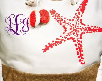 Monogrammed Beach Bag-Beach Bag-Personalized Beach Bag-Starfish Beach Bag-Gift For Her-Gift For Mom-Nautical Beach Bag