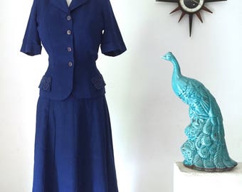 1940s navy blue Irish linen Summer Suit, New Yorker by David Jones with lace details
