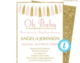 Editable Baby Shower Invitation, Pink and Gold Baby Shower Invitation Template, Girl Baby Shower, Printable Invitation, Oh Baby Invite TASPG