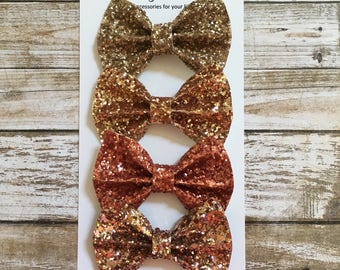 Gold Hair Bow, Brown Hair Bow, Gold Glitter Hair Bow, Gold Headband, Mini Hair Bow, Newborn Headband,Pigtail Bows, Fall Hair Bow, Piggy Clip