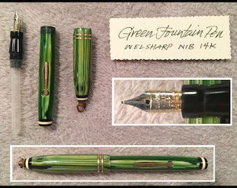Restored Green Marblized Chatelaine-type Necklace Fountain Pen