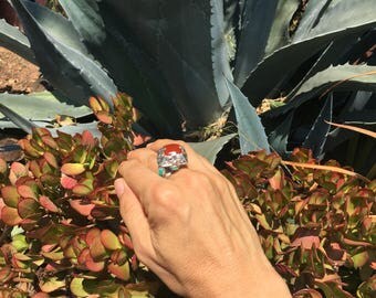 Carnelian Ring / Sterling Silver Ring / Natural Gemstone Ring / Agate Ring / Statement Ring / Brown Aqeeq Ring / Carnelian & Turquoise Ring