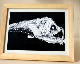 Illustration impression affiche poster poisson des profondeurs, abysse, monstre marin effrayant, noir, océan, mers, dessin, art, encre