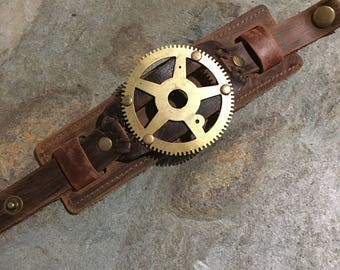 Brown Leather Rustic Cuff Bracelet, Steampunk / Diesel Punk Design With Big Brass Cogs.