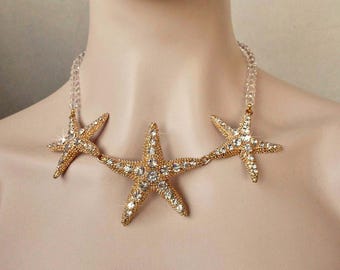 Yellow Gold Handmade Crystal Rhinestone Starfish Necklace, Beach or Destination Wedding, Bridal (Sparkle-1438)