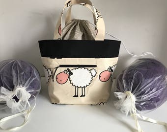 Large Knitting bag, Sheep print, knitting project bag, craft bag, crochet project bag, wip bag, spindle bag, holds a minimum of 800g yarn