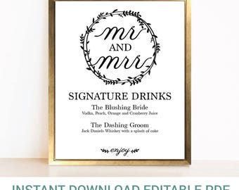 Editable Wreath Wedding Signature Cocktails Sign | Editable Sign | Wedding Bar Sign | Mr. and Mrs. Signature Drinks | Instant Download