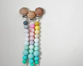 Silicone & Wood MULTI Rainbow Pacifier Baby Teether Holder Clip - Mordedor - Chupetero - Schnullerkette - Attache tétine - Portaciuccio -