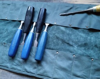 Large green leather chisel and tool roll