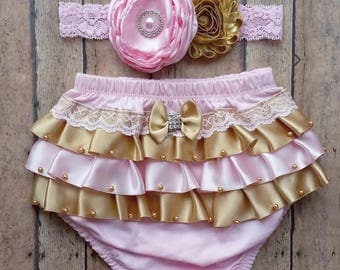 Pink and gold newborn bloomer - birthday bloomer - newborn headband - baby bloomer - baby shower gift - birthday pink and gold bloomer