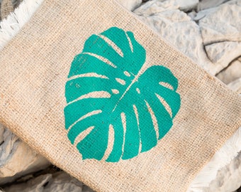 Burlap, monstera, accessory, handbag, canvas pouch clutch
