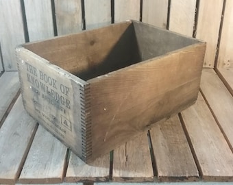 Antique Book Crate, Book of Knowledge Wooden Shipping Crate, Old Wood Crate, Dovetail Crate, Wooden Box, Antique Box