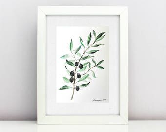 Olive branch painting Olives Watercolor Original watercolor painting Botanical Leaf Watercolor Wall Kitchen Art