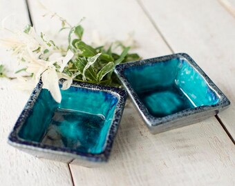 Handmade bowls, ceramic bowls, square bowl, set of bowls, teal bowl, ceramic plate, handmade pottery, weeding gift, turquoise bowl, set od 2