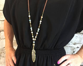 Faux stone feather necklace