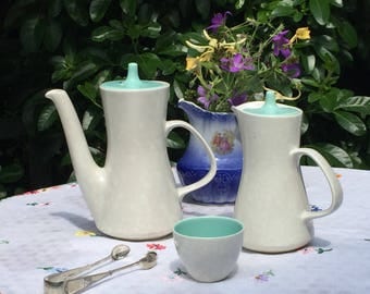 Poole Pottery Coffee Pot, Teapot, Hot Water Pot, Sugar Bowl in twin tone Ice Green and Seagull 1940s
