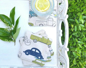 Automobile canvas coaster set | cars trucks motorcycles | vintage car | canvas coaster |fabric coaster