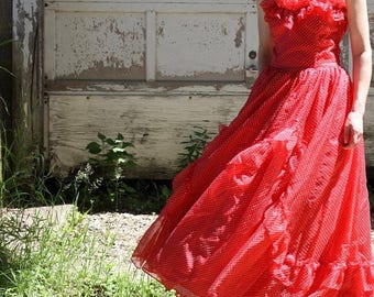 ON SALE Vintage GUNNE Sax Dress Sweetheart 70's Lolita Ruffle Gown Red Polka Dot Maxi Small
