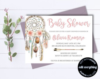 Dream Catcher Baby Shower Invitation - Dreamcatcher Boho Baby Shower Invite - Dream Catcher Invite - Tribal Baby Shower Invitation