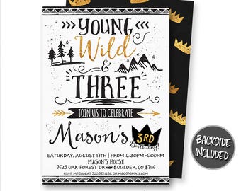 Young Wild and Three Invitation, Wild One Invitation, Wild Thing Invitation, Crown Invitation, Boho Invitation, Arrows, Digital, Printable